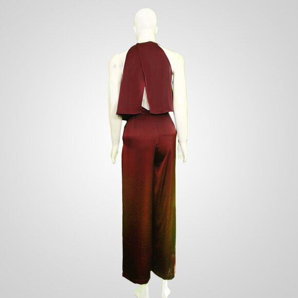 1990s Vintage Burgundy Halterneck Wide-Leg Jumpsuit - Picture 2 of 4